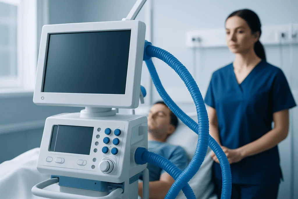 Medical ventilator machine in a hospital room with a patient and nurse.
