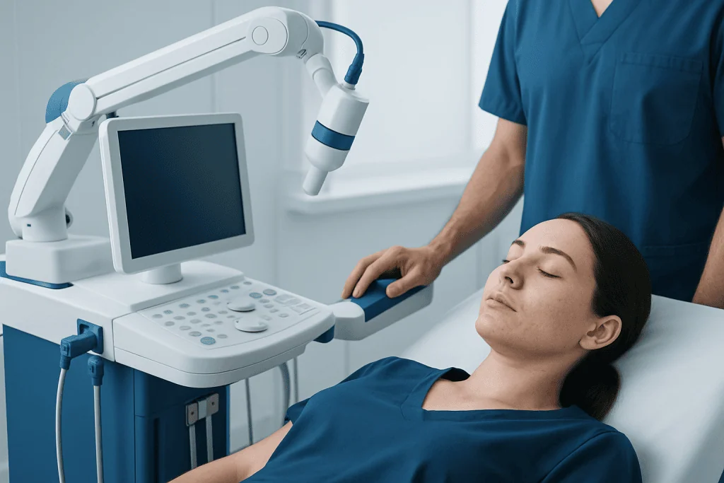 Medical professional performing a skin examination with advanced equipment.