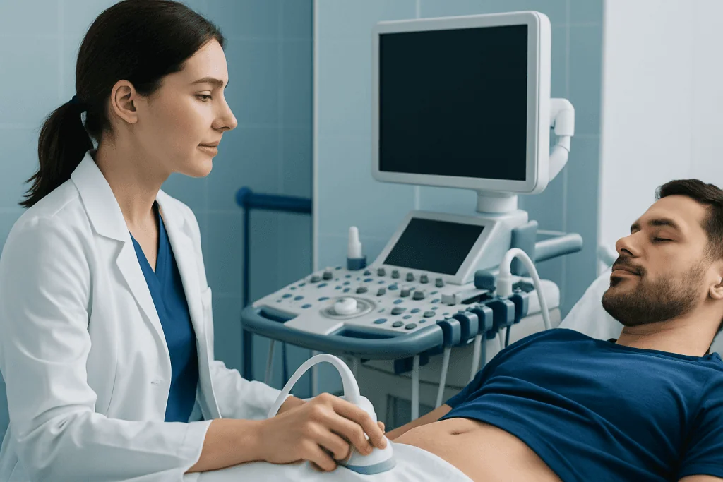 Doctor performing an ultrasound scan on a male patient in a hospital room.
