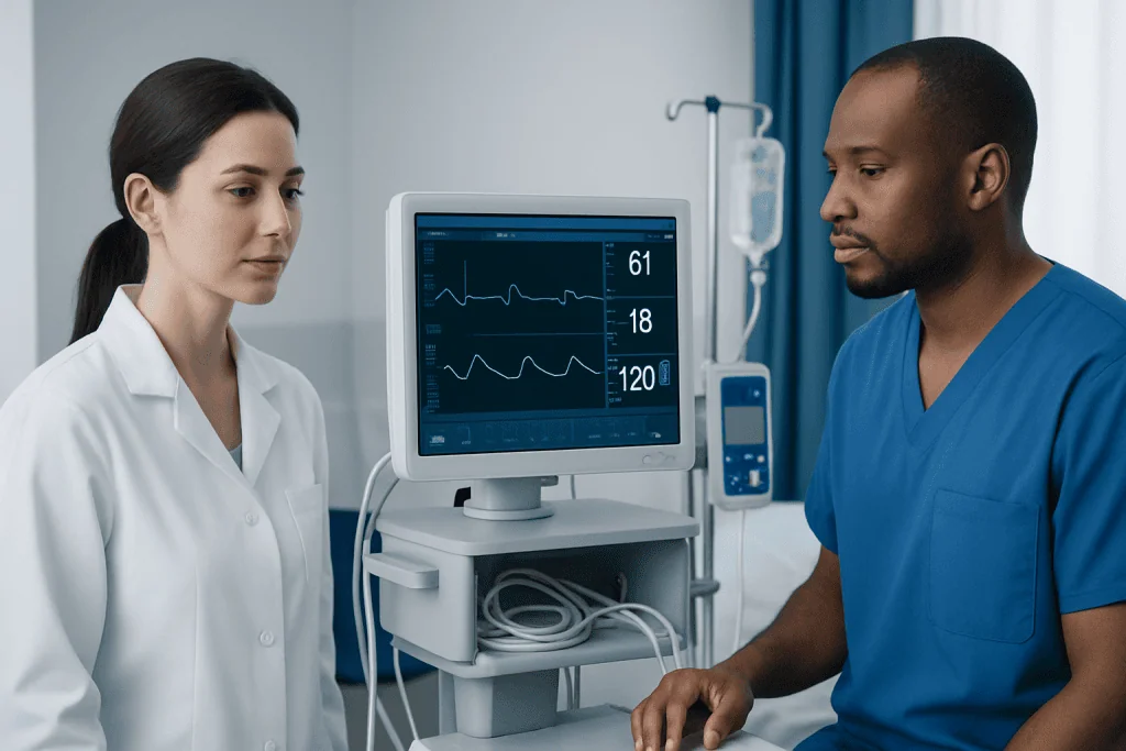 Medical professionals monitoring patient vital signs in hospital.