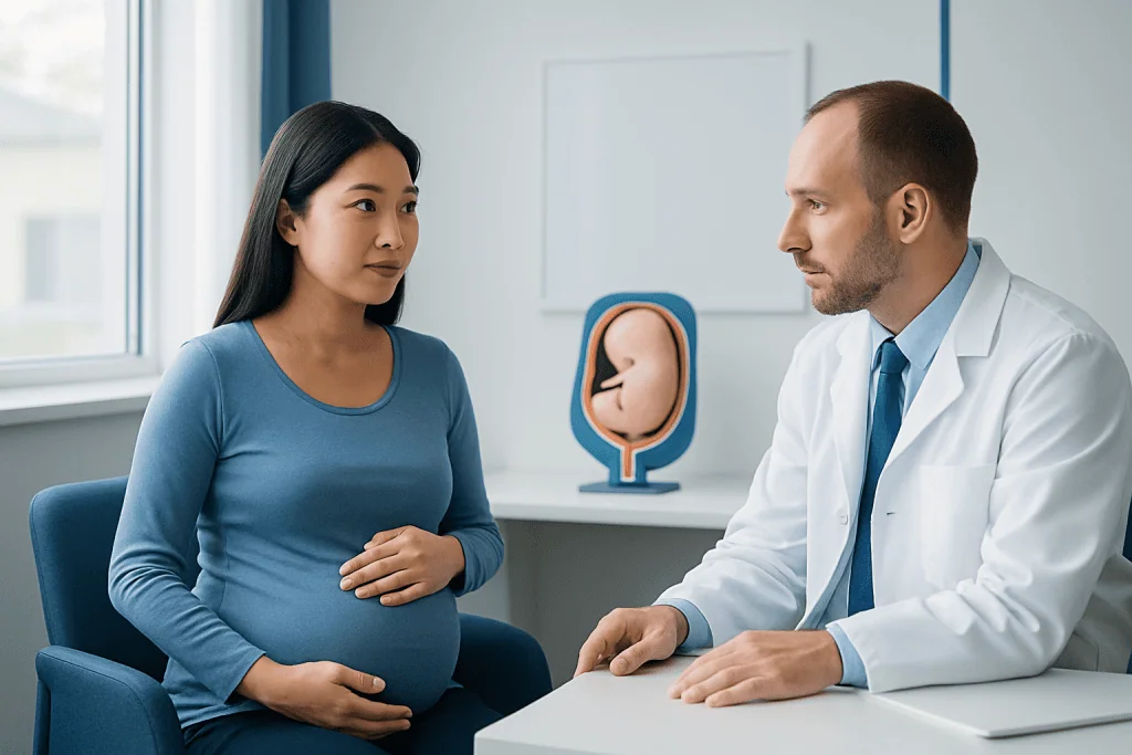 Pregnant woman consulting with doctor in a medical office.