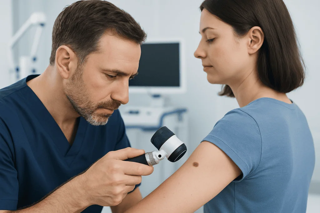 Dermatologist examining a mole on a patient's arm with a dermatoscope.