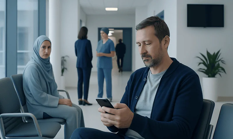 Patient and family communicating during hospital visit at Acibadem Hospital.