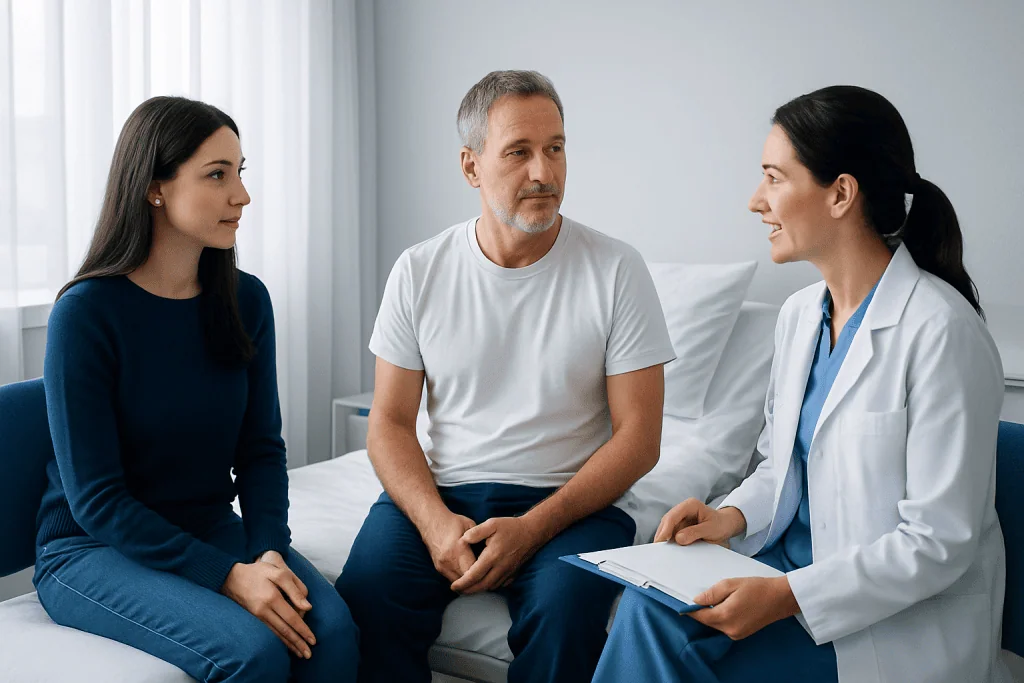Doctor consulting with a patient and companion in a hospital room.