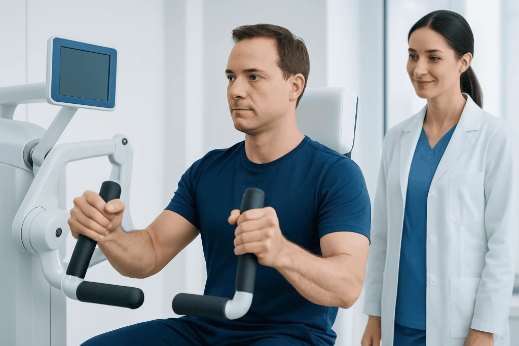 Patient using exercise equipment with medical professional observing.