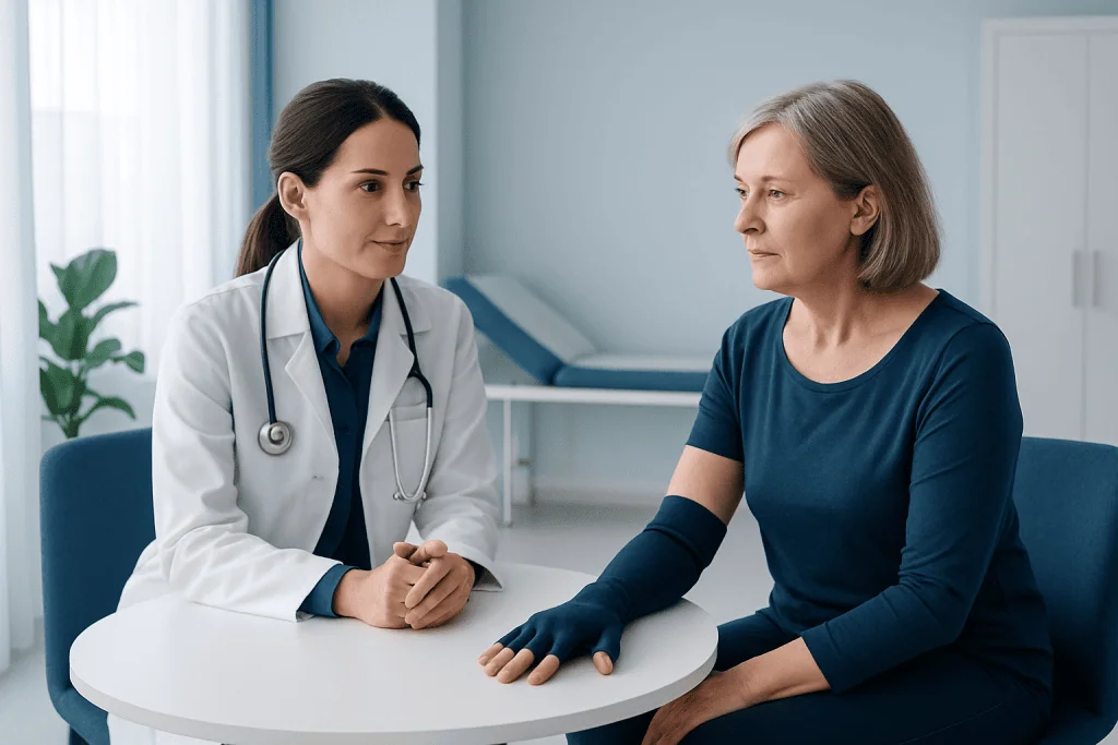 Doctor consulting with a patient wearing compression gloves in a medical office.