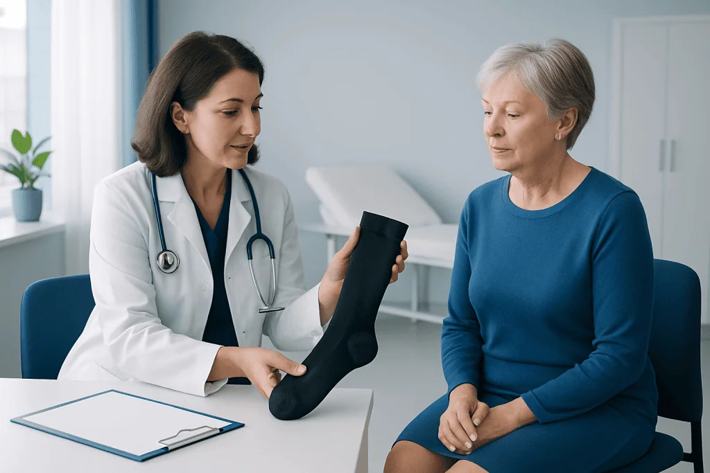 Doctor explaining compression sock to elderly patient in clinic.