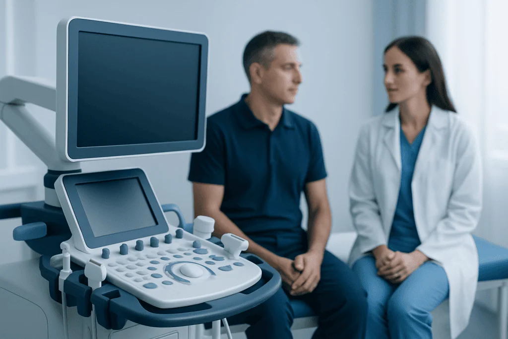 Doctor and patient in a medical consultation room with ultrasound equipment.