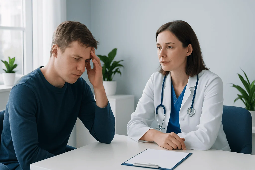 Doctor consulting with a young male patient about concussion symptoms.