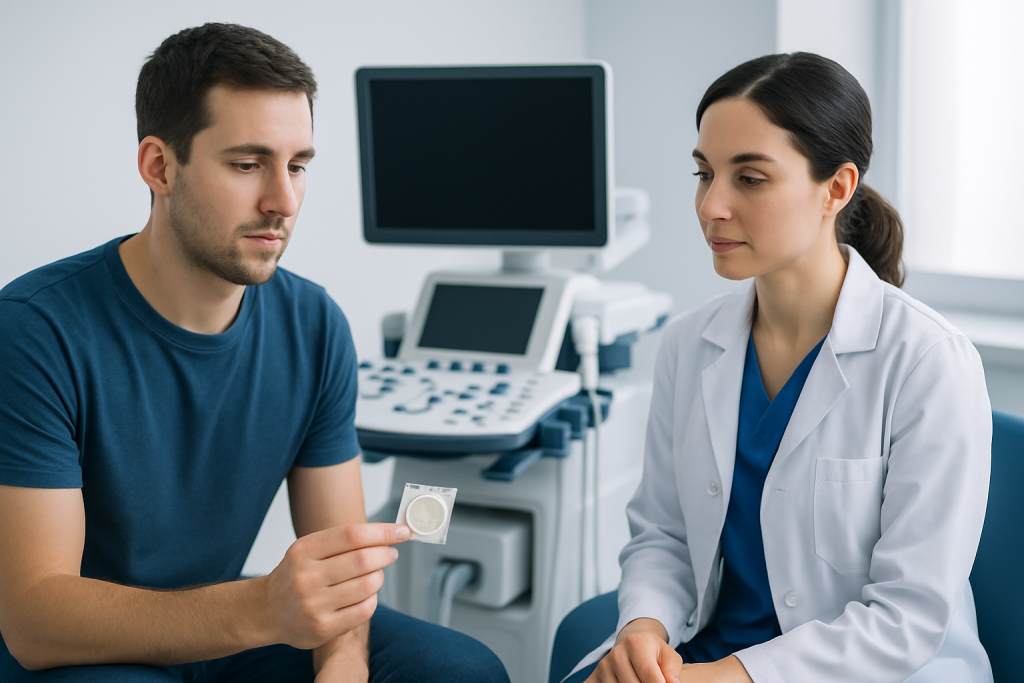 Doctor explaining condom use to a patient in a medical consultation.