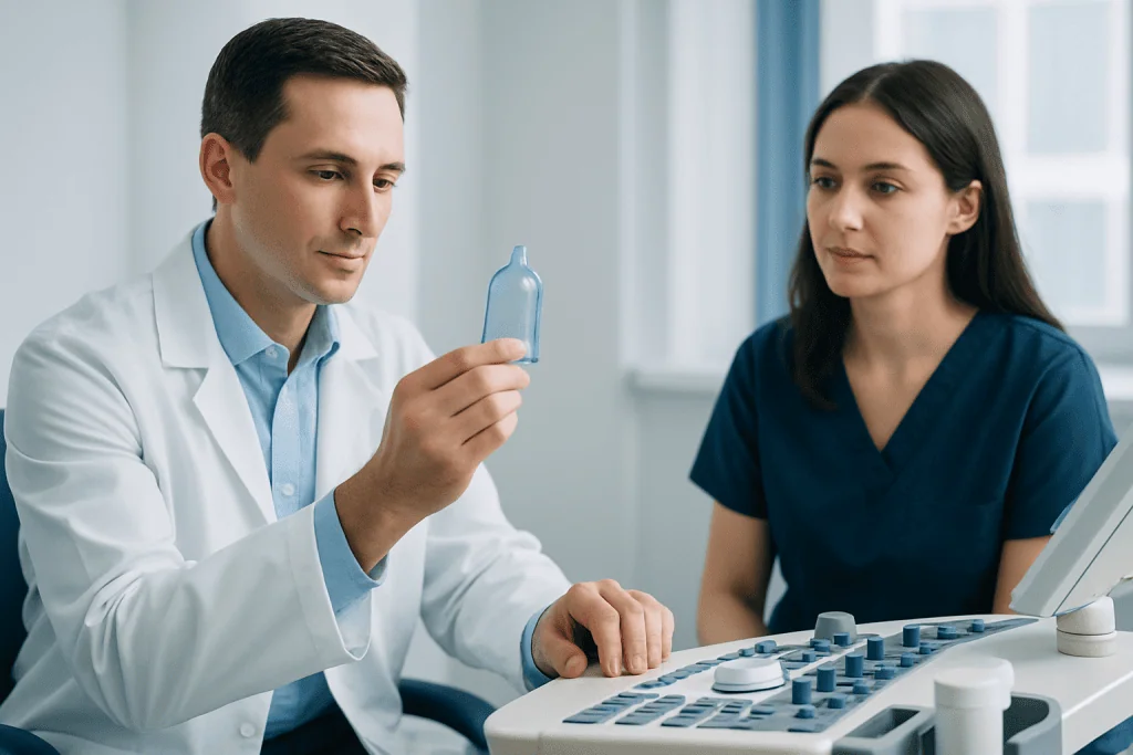 Doctor and nurse examining a medical device in a clinical setting.