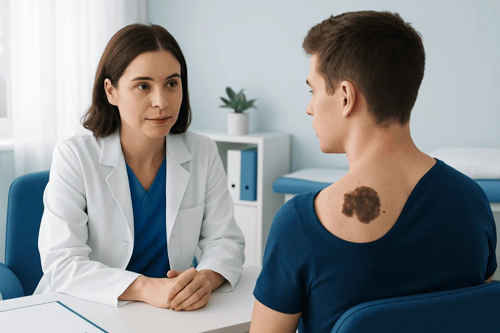 Doctor consulting with a patient with a congenital nevus on shoulder.