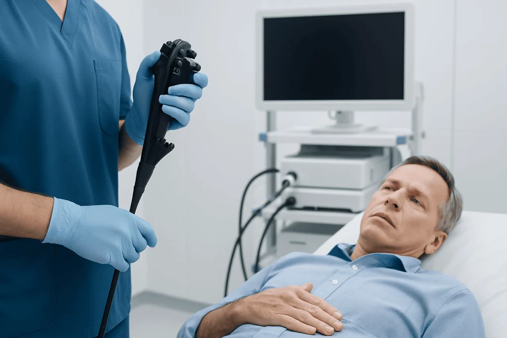 Doctor performing an endoscopy on a patient in a hospital setting.