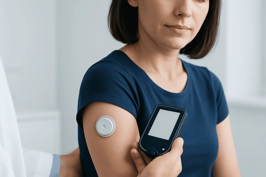 Woman using a non-invasive blood sugar monitor on her arm.