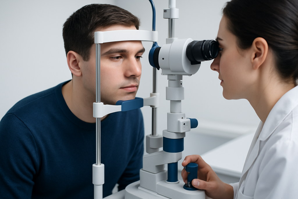 Optometrist examines patient's eyes with slit lamp in clinic.