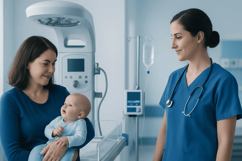 Pediatrician and mother with baby in hospital nursery at Acibadem Hospitals Group.