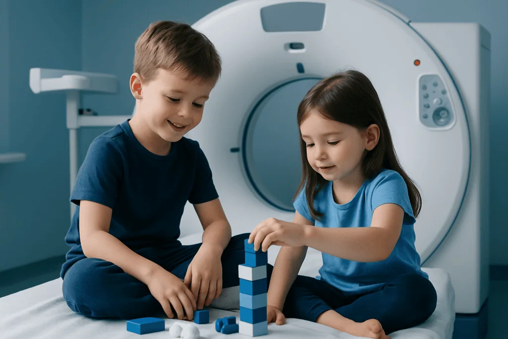 Children playing with blocks near MRI machine at Acibadem Hospital.