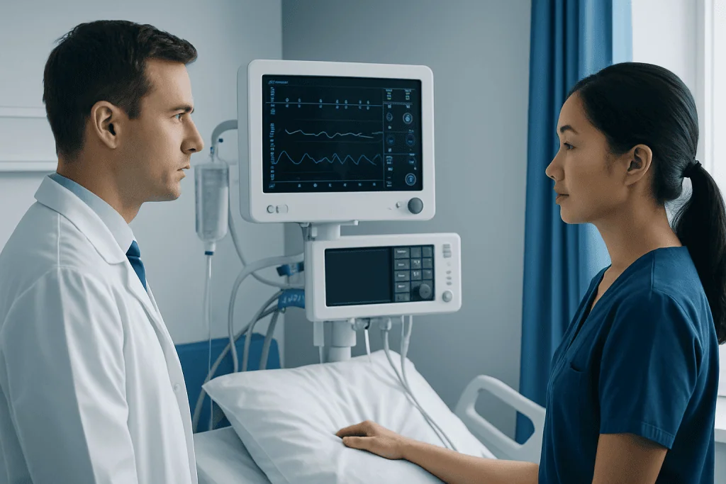 Doctor and nurse discussing patient monitoring in hospital room.