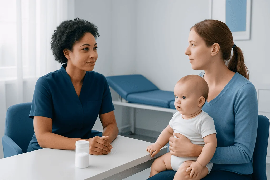 Doctor consulting mother and baby in a clinic setting.
