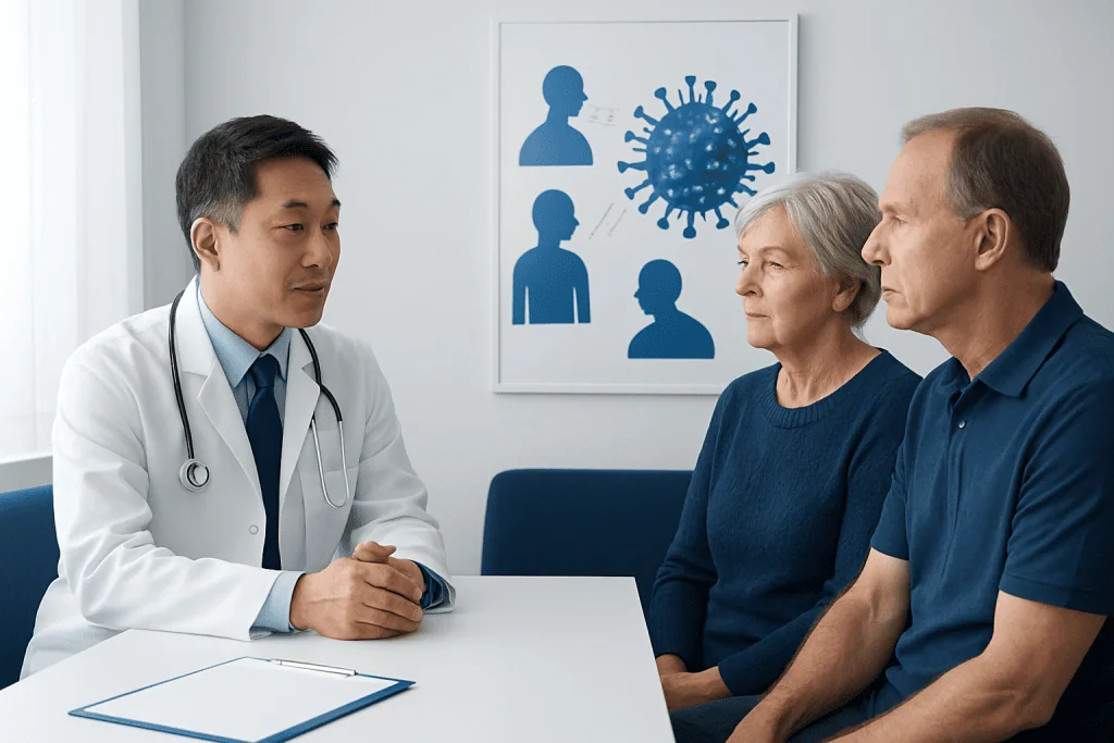 Doctor consulting with elderly couple about health concerns in a medical office.