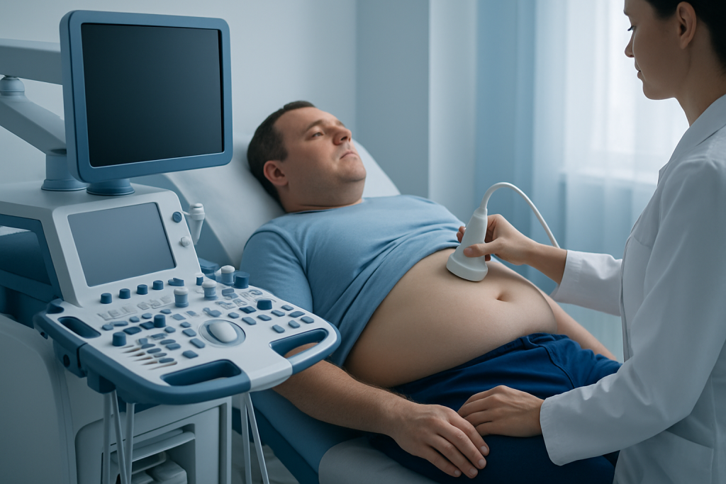 Patient undergoing abdominal ultrasound at Acibadem Hospital.