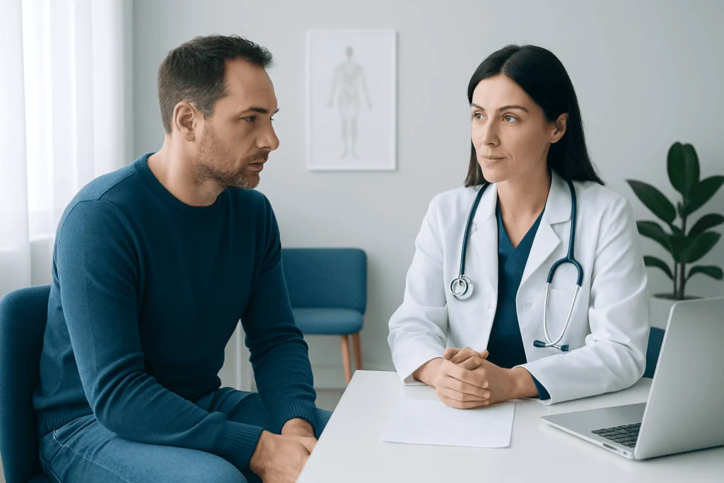Doctor consulting with male patient in a medical office at Acibadem Hospitals.