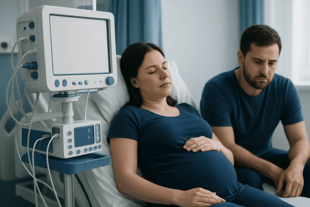 Pregnant woman in hospital bed with partner and medical monitor nearby.