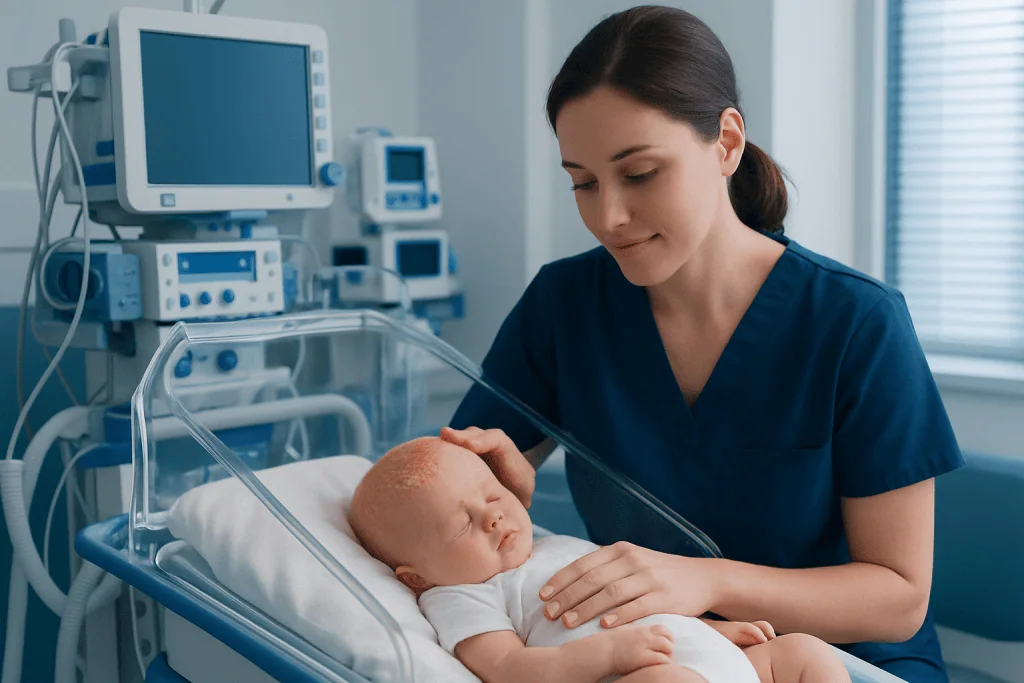 Pediatric nurse caring for a sleeping baby in hospital incubator.