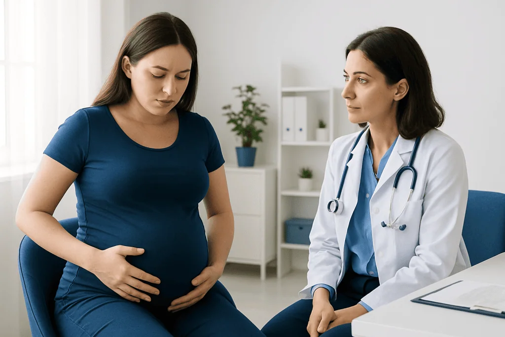 Pregnant woman consulting with a doctor about stomach cramping.