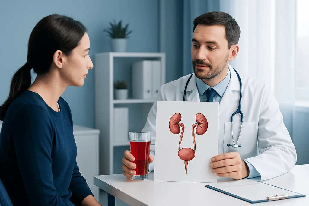 Doctor explaining urinary system to patient in clinic setting.
