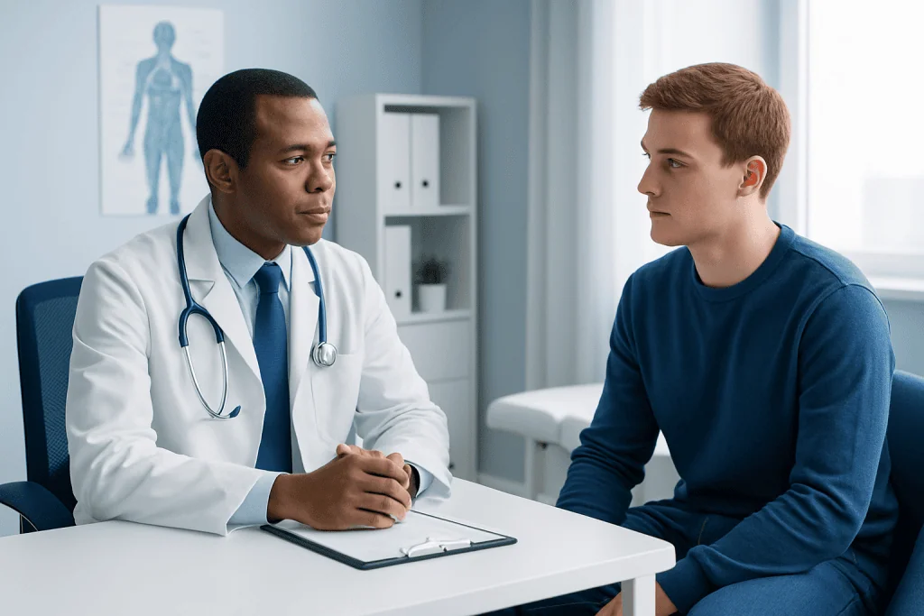 Doctor consulting with a young male patient in a medical office.