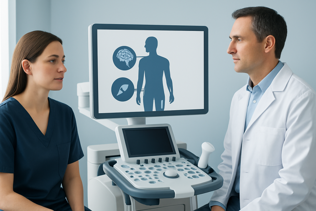 Doctor and patient discussing health with medical imaging on screen.