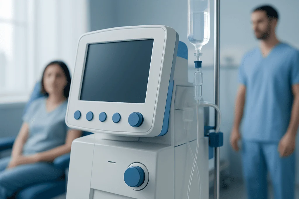 Medical monitor and IV drip in a hospital setting with patients and staff.