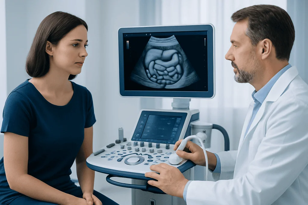 Doctor explains ultrasound scan results to a patient in a medical clinic.