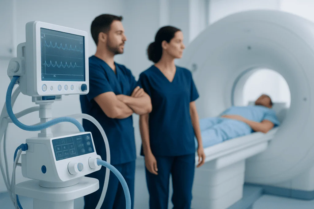 Medical professionals monitoring a patient during an MRI scan at Acibadem Hospitals.