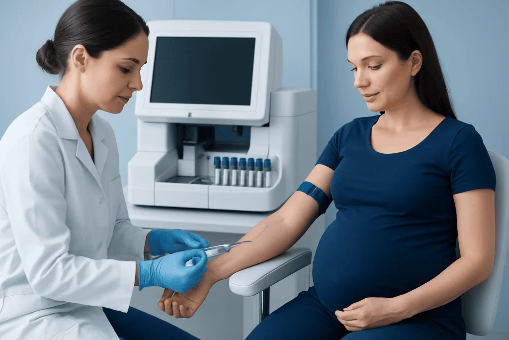 Pregnant woman having blood test at a medical clinic.