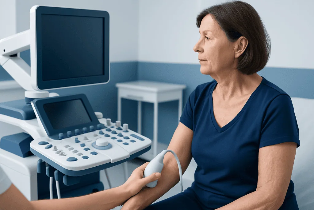 Medical professional performing an ultrasound on a middle-aged woman.