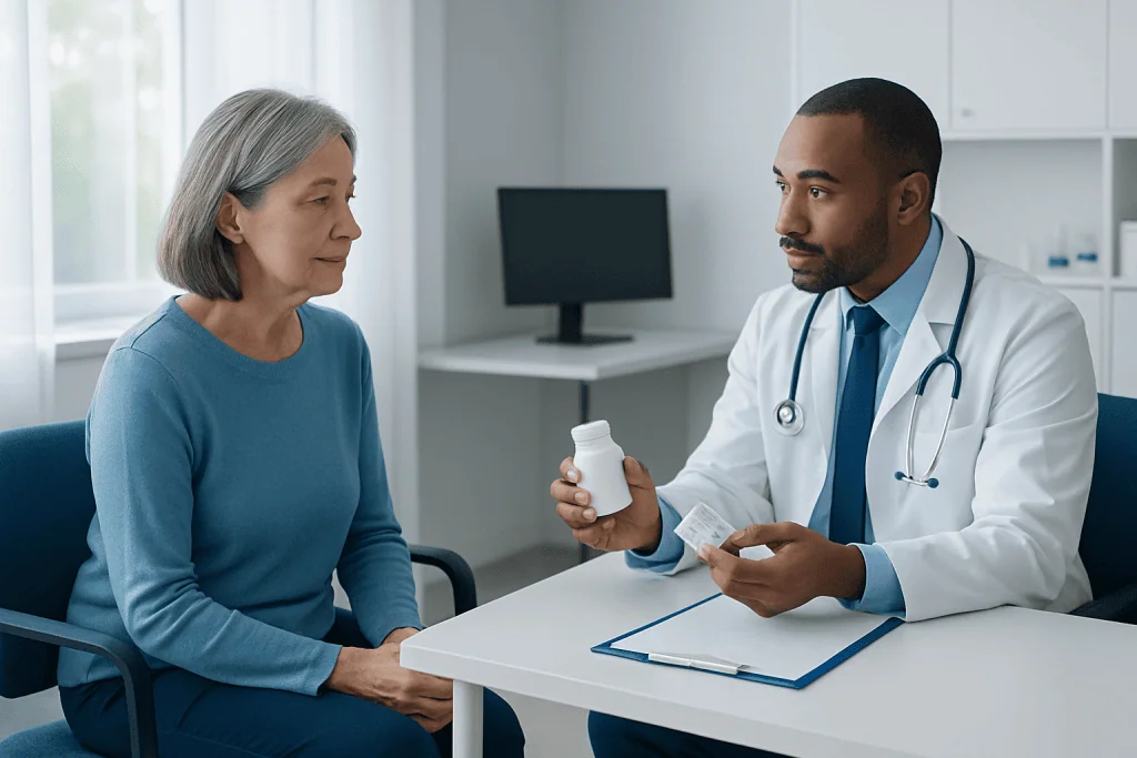 Doctor explaining medication to an elderly woman in a clinic setting.