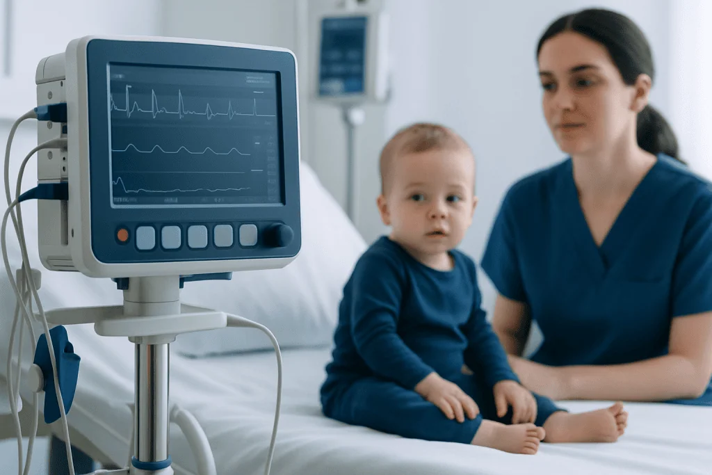 Child undergoing medical monitoring in hospital with healthcare professional.