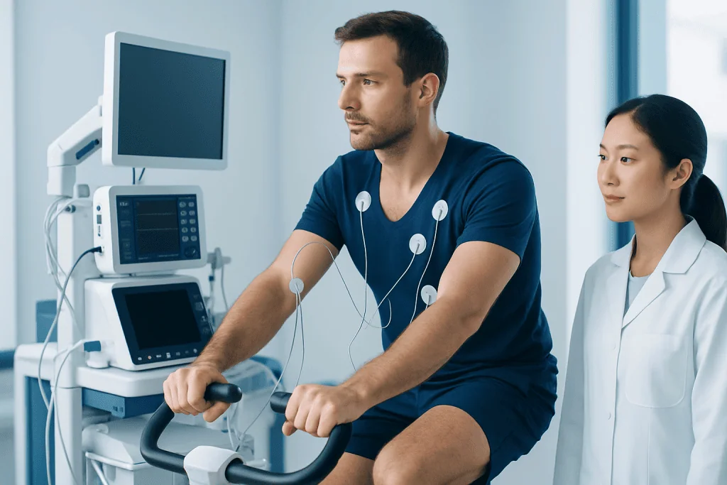 Male patient undergoing a medical test on a stationary bike in a clinical setting.