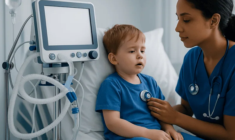 Pediatric patient being examined by a nurse in a hospital room.
