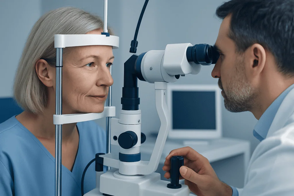 Ophthalmologist examining a patient's eyes with a slit lamp microscope.