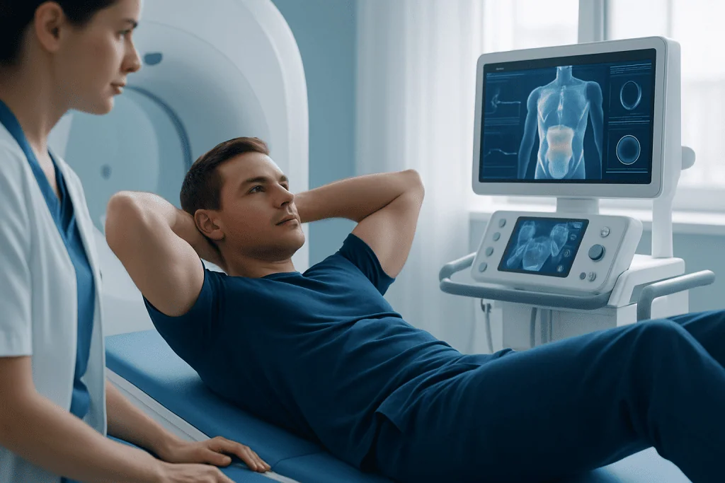 Patient undergoing abdominal MRI scan at Acibadem Hospital.