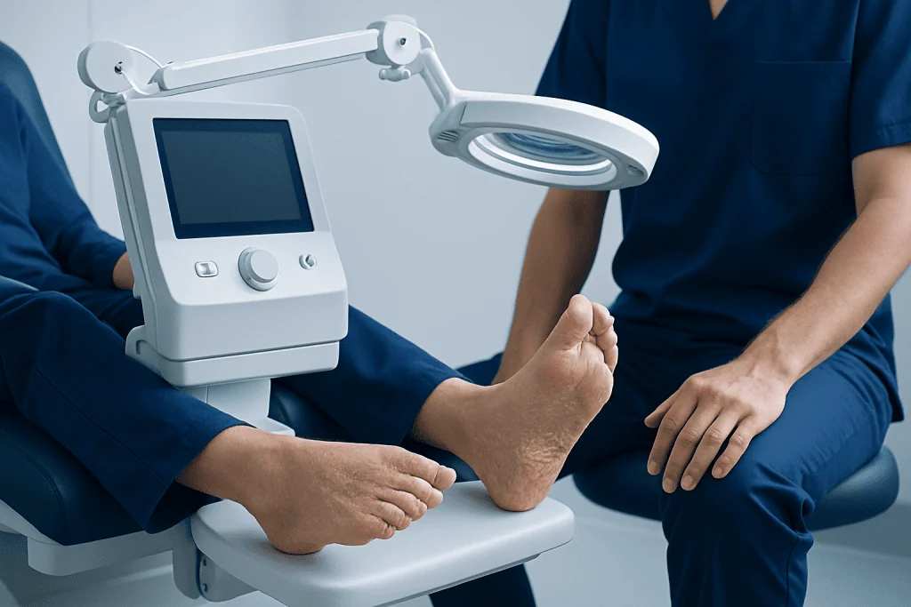 Medical examination of a patient's foot using advanced diagnostic equipment.