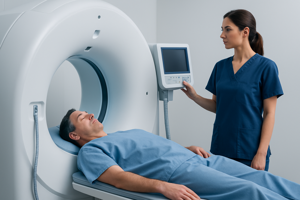 Patient undergoing MRI scan at Acibadem Hospital with medical staff present.