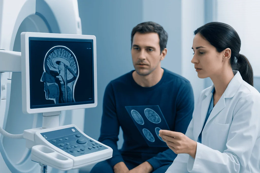 Doctor and patient reviewing brain scan images in a medical setting.