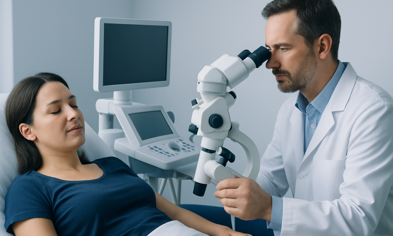 Doctor examining patient with microscope in medical clinic setting.
