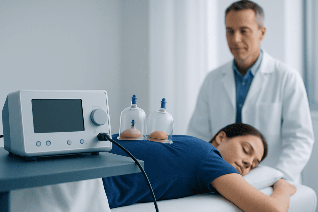 Medical professional performing cup treatment on patient in clinical setting.