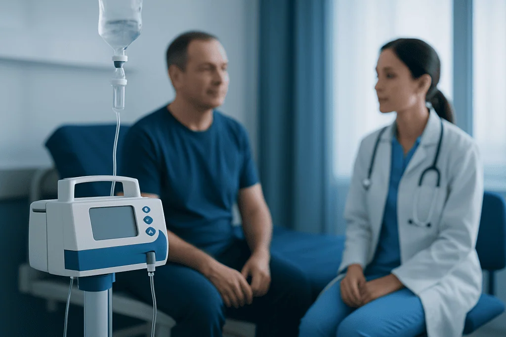 Doctor consulting patient in hospital room with IV drip and medical equipment.