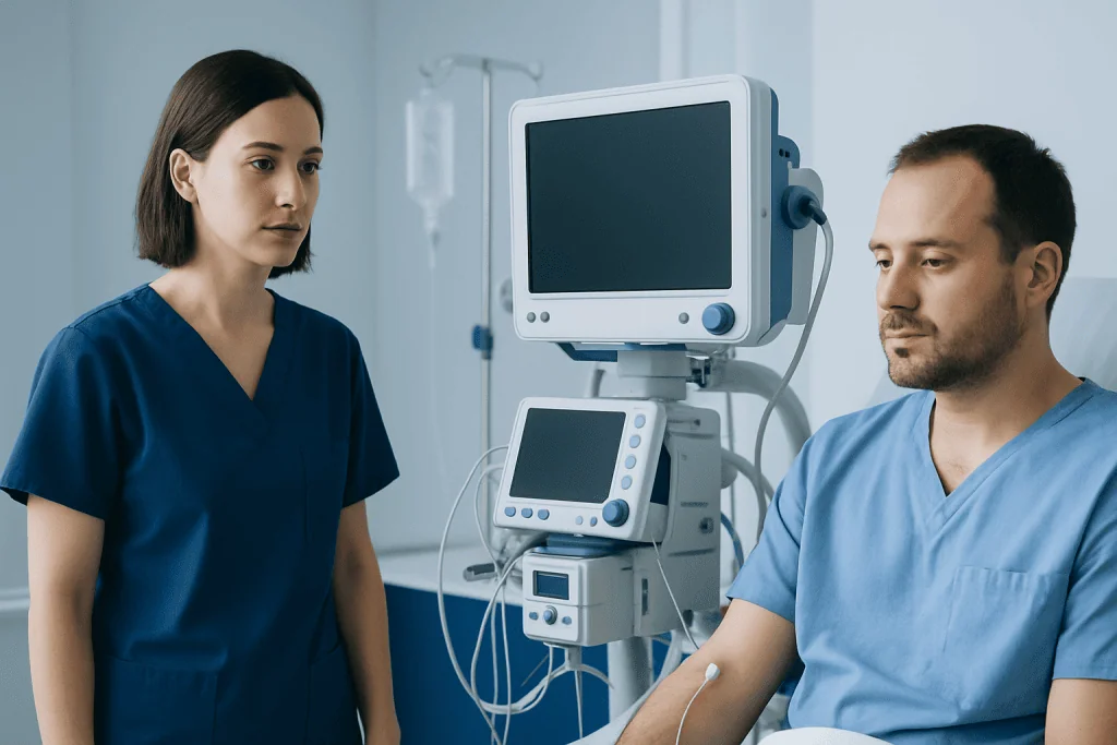 Medical professionals monitoring patient in hospital room with medical equipment.